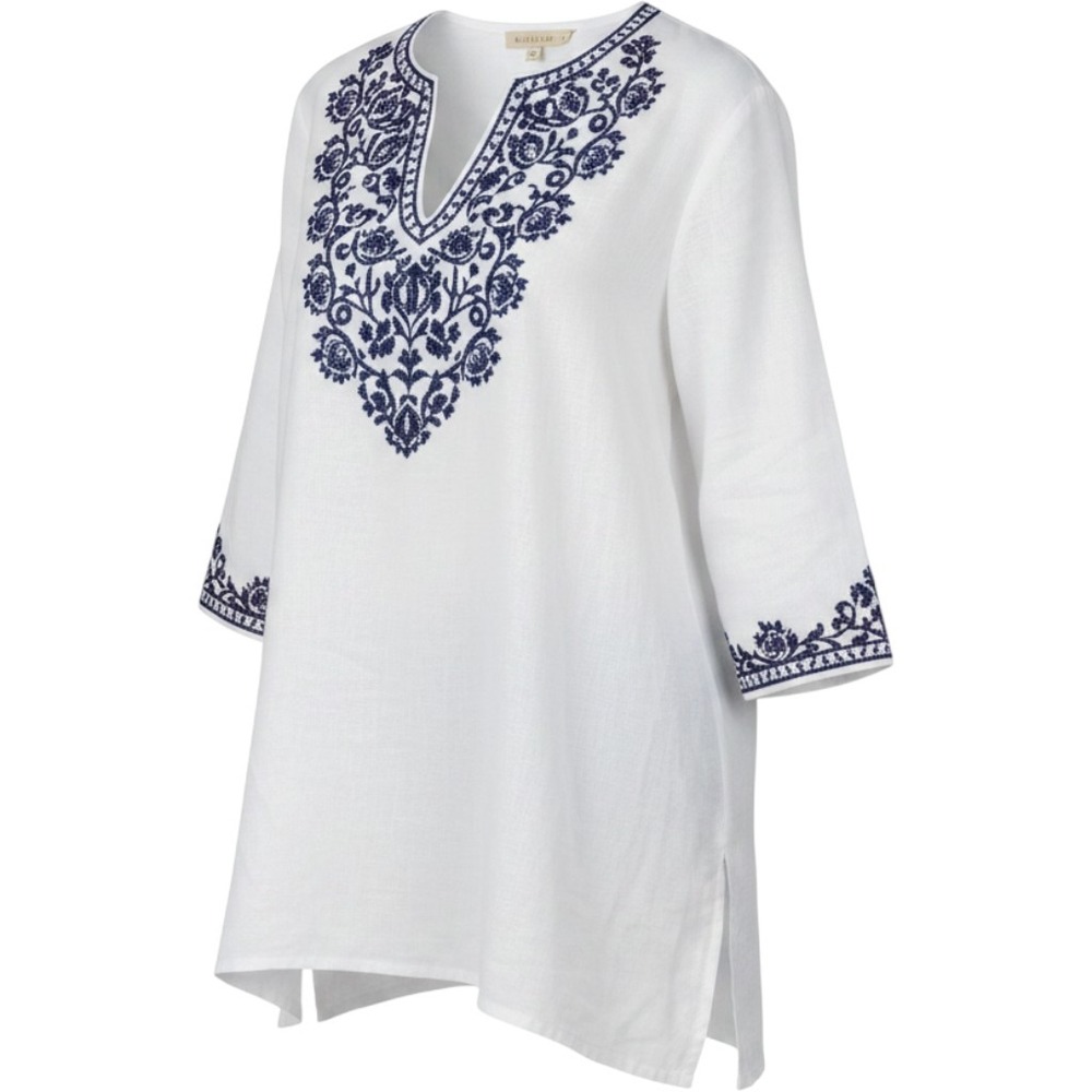 Laura Ashley Tunic Top Womens L Embroidered Linen V-Neck White Excellent